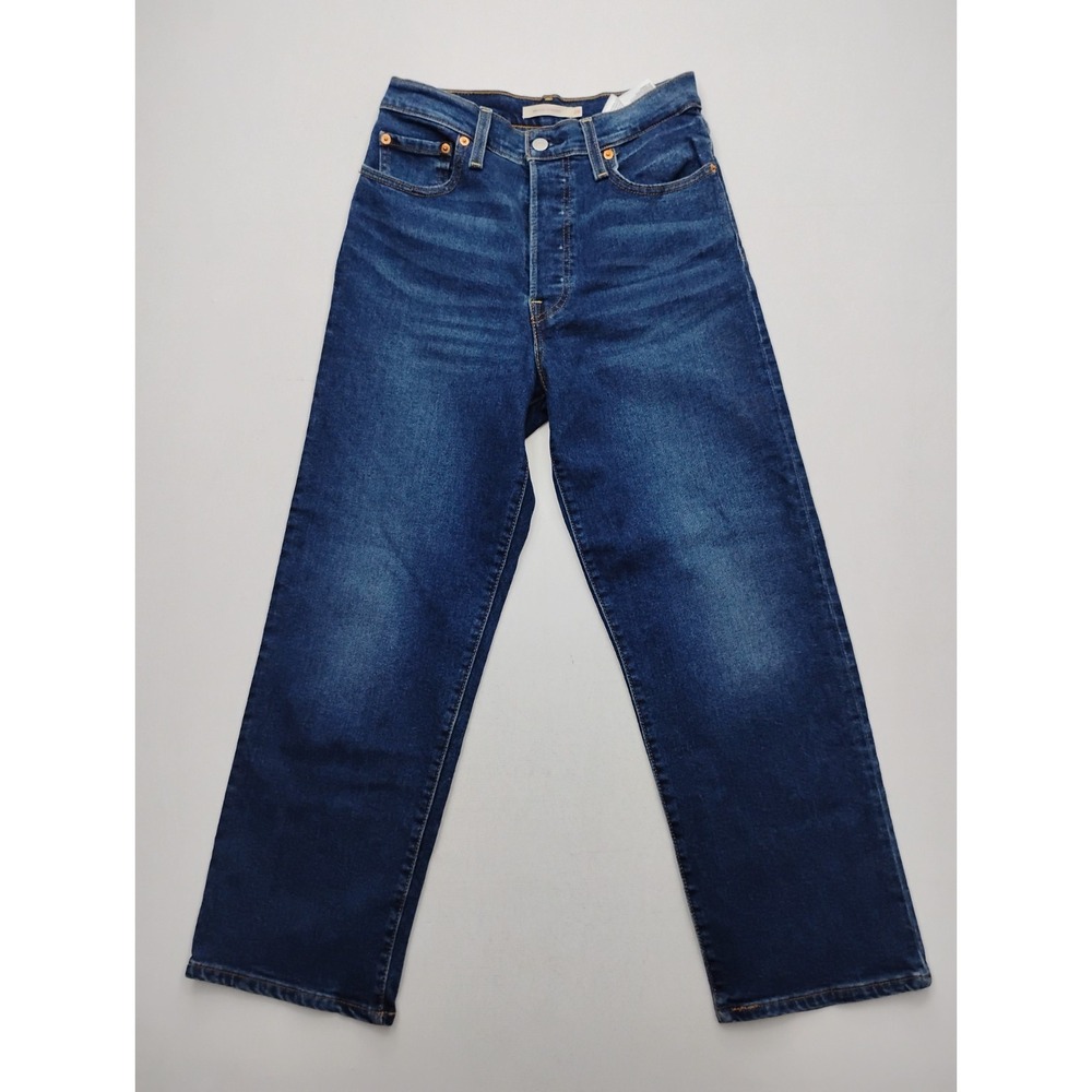 Levi's Ribcage Straight Jeans Size 28‎ Button Fly Blue Denim Dark Wash High Rise